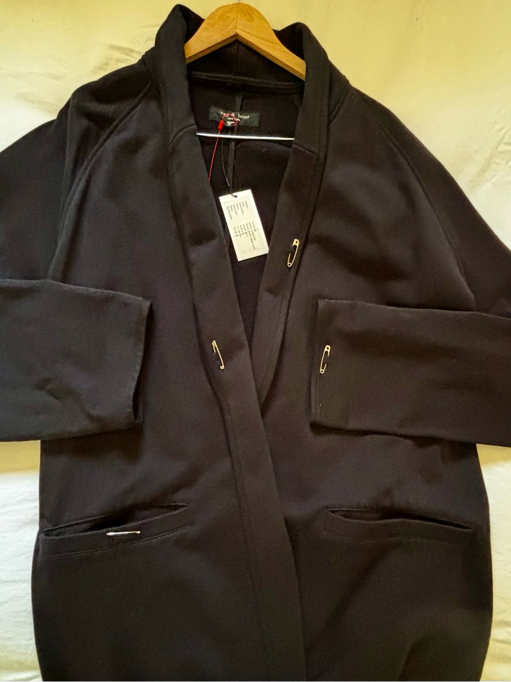 Rag & Bone Black Extra Long Women’s Coat with Safety Pin Accents - Picture 2 of 6